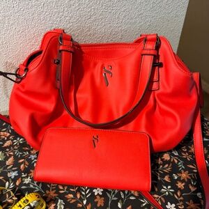 Vera Wang Neon Orange Satchel Crossbody Handbag Wallet Set NWOT